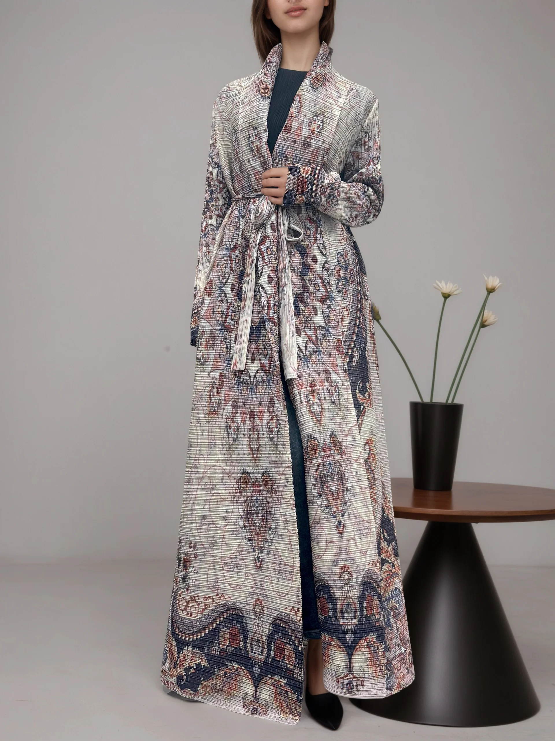 Middle Eastern geometric print abayar robe, spring/summer Muslim ceremonial attire, long outer robe for Ramadan.