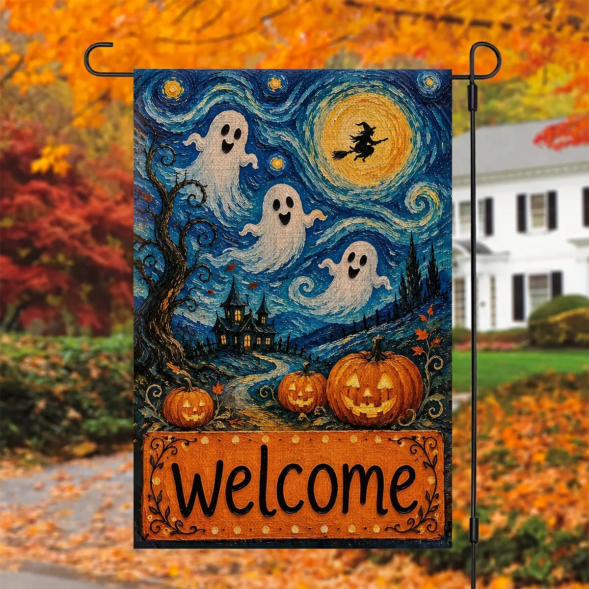 2D Flat - 2D Flat - Pack of 1, 2D Flat Horror Ghost Pumpkin Garden Flag, Fun Halloween Welcome Flag, Traditional Classic Flag House Decor, Home and Garden Signs, 12X18 Inches, for Patio Lawn Decor, Porch Decor, Without Flagpole