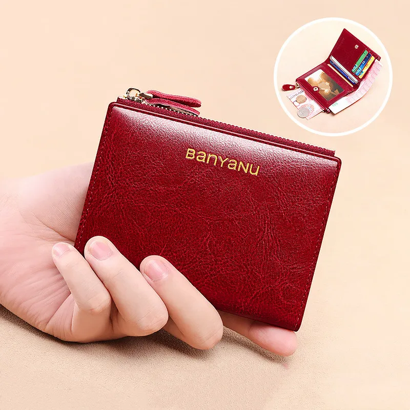 

Fashion Genuine Leather Women Wallet RFID Blocking Card Holder Small Coin Purse Vintage Oil Waxed Cowhide Wallets For Women