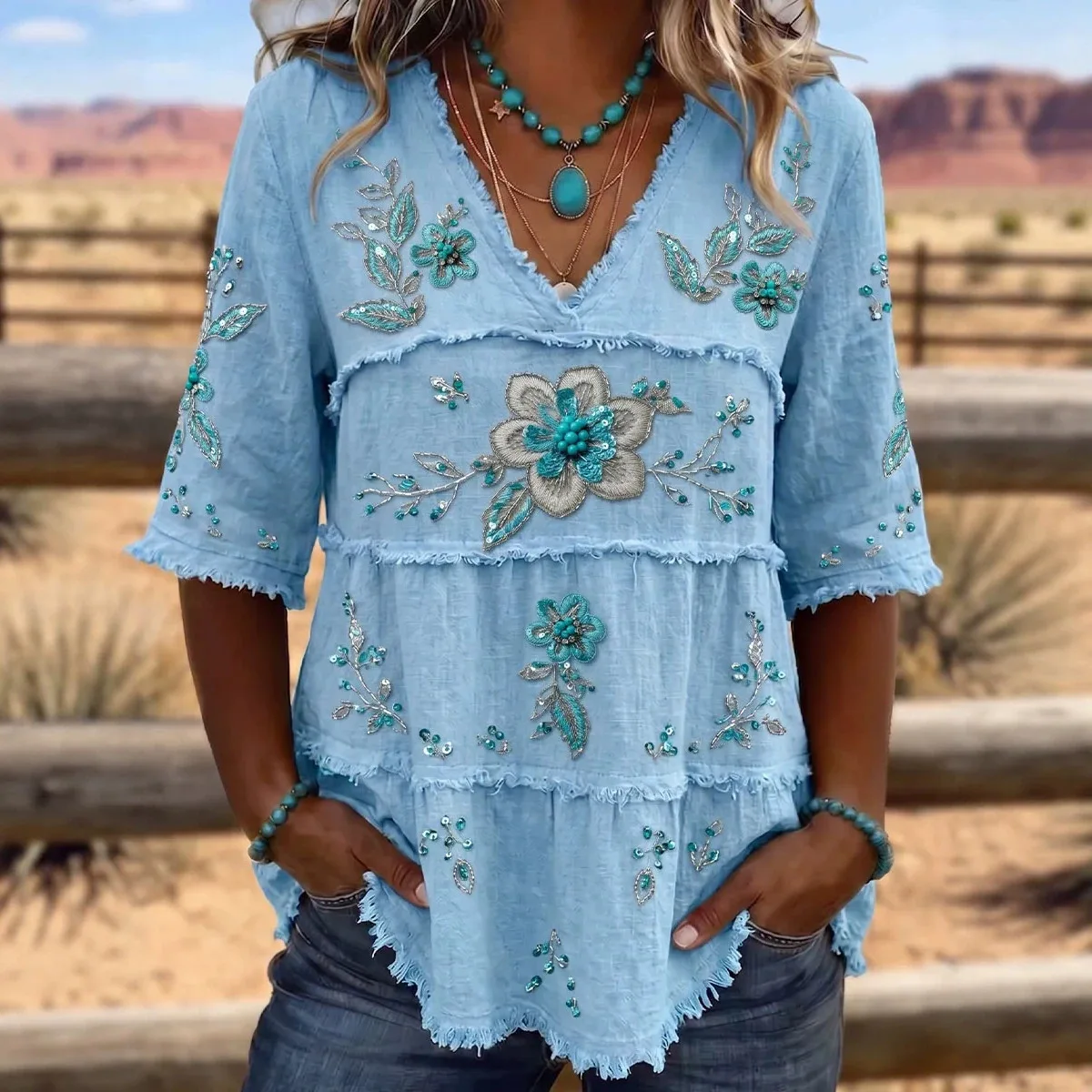 Camisetas Retro con Cuello en V y Estampado para Mujer, Blusas Boho Vintage de Manga Corta