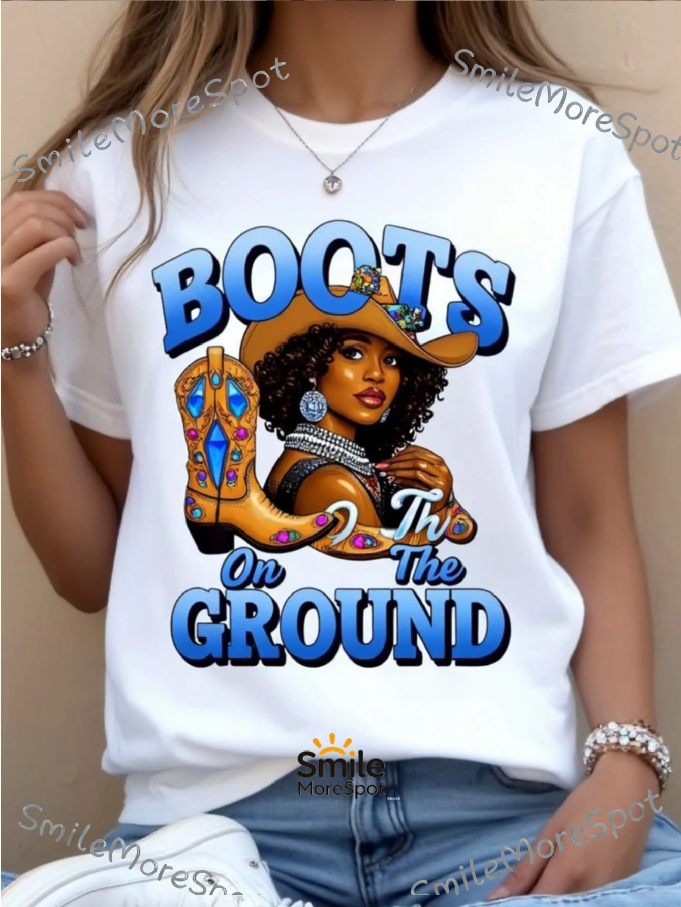 Women's Western Cowgirl Boots & Horses T-Shirt - Full-Body Cowgirl Face & Boots Print, Boots On The Ground Slogan, Loose Fit Short Sleeve Round Neck Tee, Breathable Casual Outfit Suitable for Country Music Fans, Horse Riding & Ranch Wear
