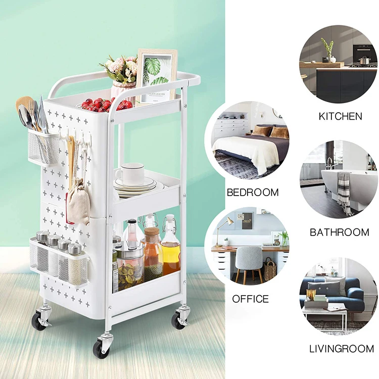 @！U Shape Handle 3 Tiers Metal Utility Cart Home Kitchen Mobile Hand Push Rolling Storage Trolley Cart With Double Pegboard