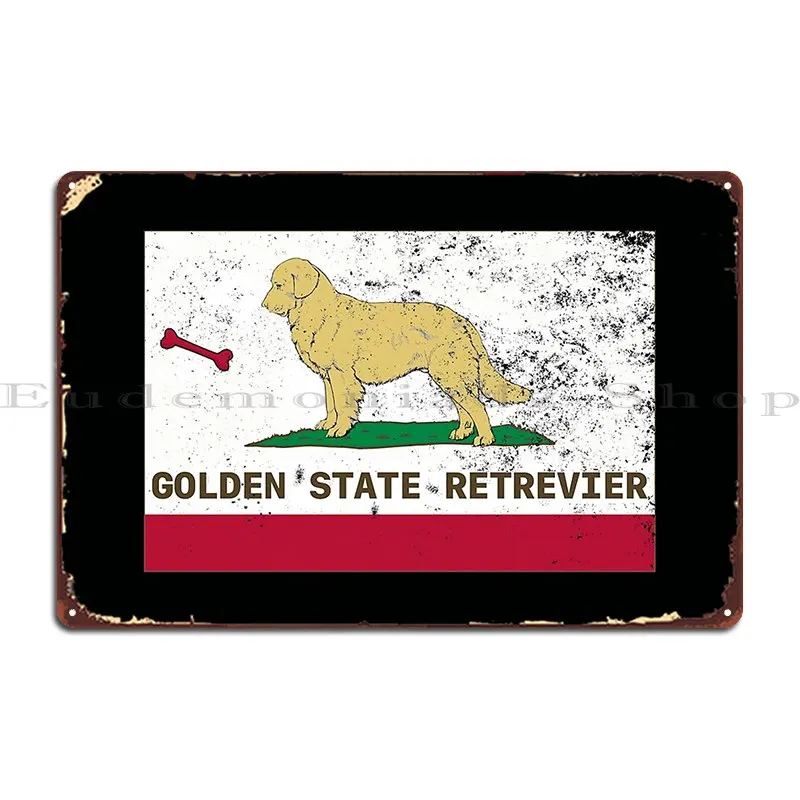 California Golden State Retriever Republic Flag W Red Dog Bone Metal Signs Pub Wall Wall Decor Printed Club Tin Sign Poster