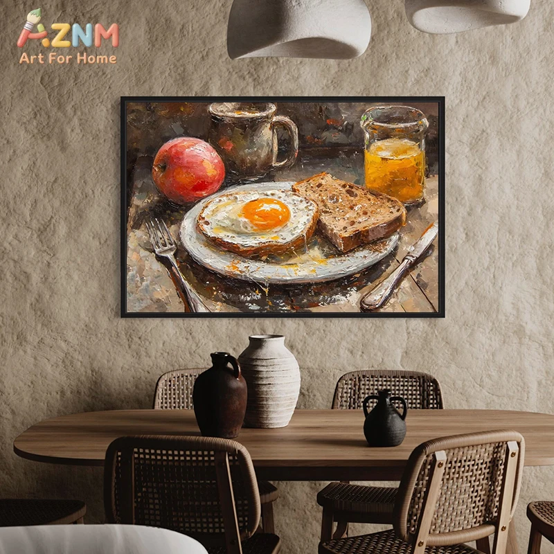 AZNM Vintage Oil Painting Breakfast Canvas Wall Art, Fried Egg Bread Apple Coffee Print, Frameless Rustic Kitchen Food Still Lif