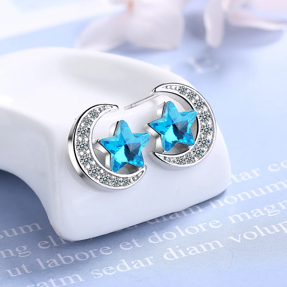 925 Sterling Silver Blue Star Moon Stud Earrings For Women Engagement Wedding Luxury Jewelry Accessories Argent 925 Jewellery