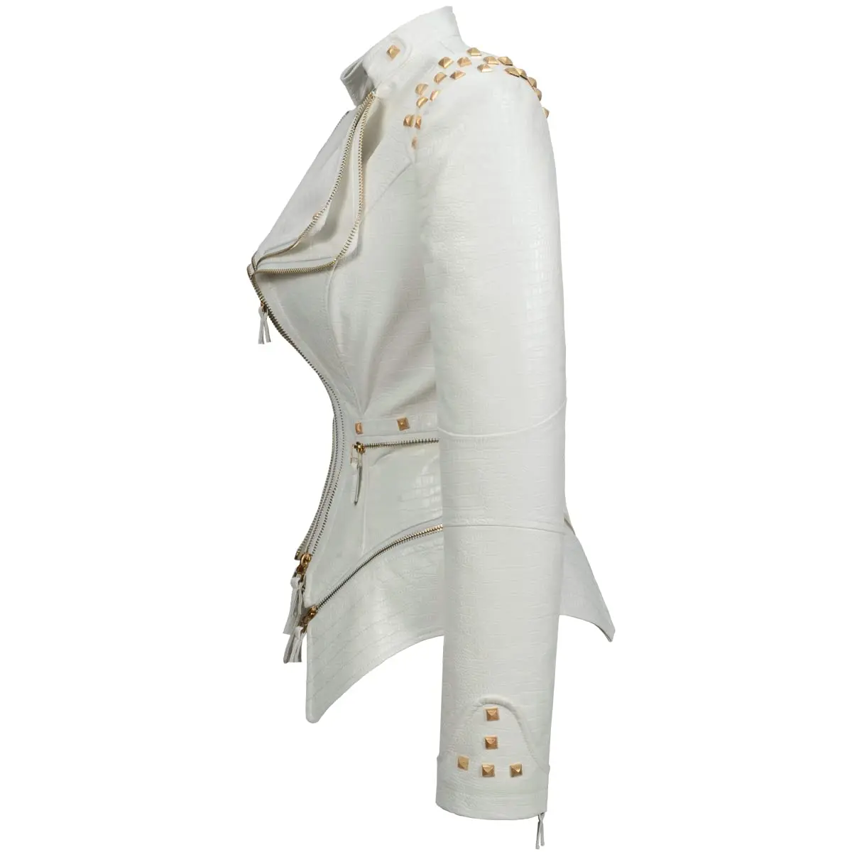 Veste en cuir PU à revers pour femme, manteau de moto à clous carrés, fermeture à glissière en métal, rivet personnalisé, coupe couvertes, document à la mode, printemps et automne