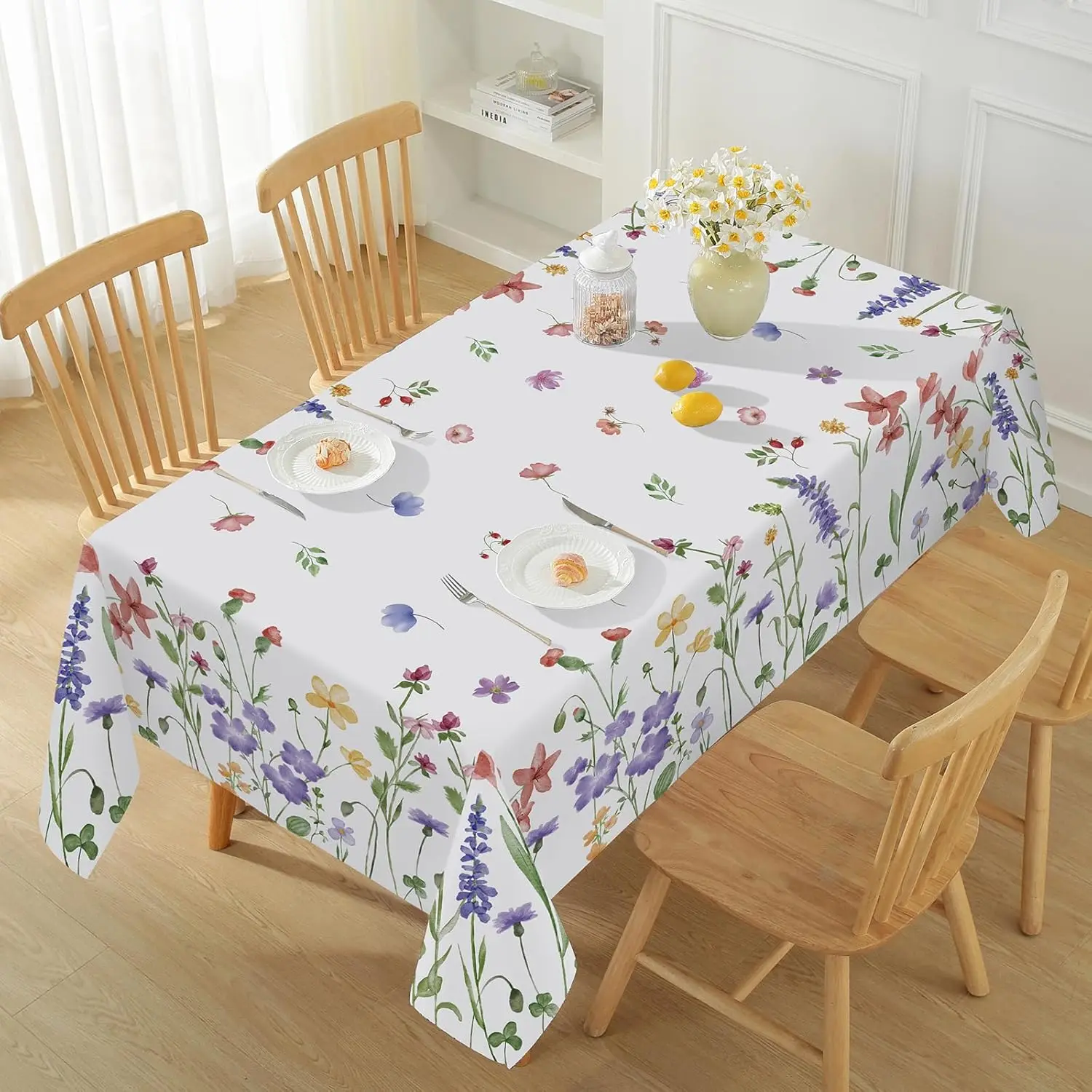 Spring Watercolor Floral Rectangle Tablecloth Wedding Decoration Summer Wildflower Kitchen Dining Table Cloth for Table Decor