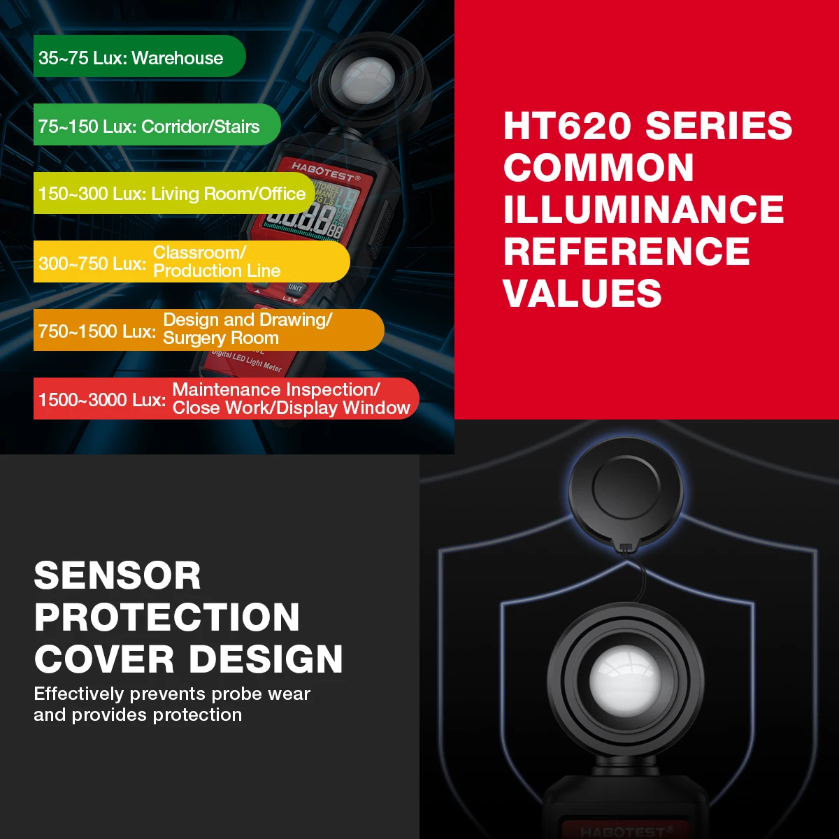HABOTEST HT620 cyfrowy Luxmeter o wysokiej dokładności profesjonalny iluminator 180 ° z obrotową czujnikiem światła Lux fotometr