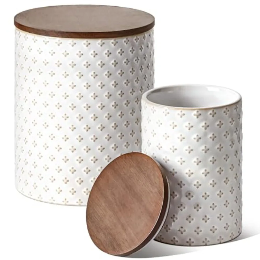 

Ceramic Kitchen Canister Set with Airtight Lids Food Storage Containers for Flour Sugar Coffee - Large Embossed Jars for Pantry