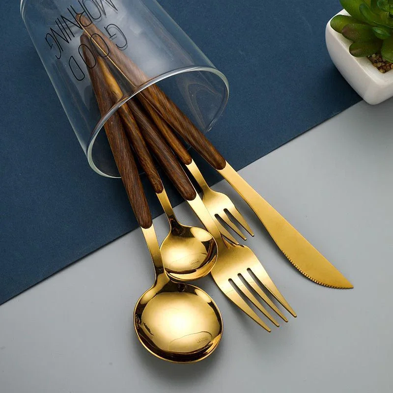 30Pcs Wooden Tableware for Kitchen Cutlery Set Stainless Steel Dinnerware Sets Glossy Wood Western Food Knife fork Teaspoon