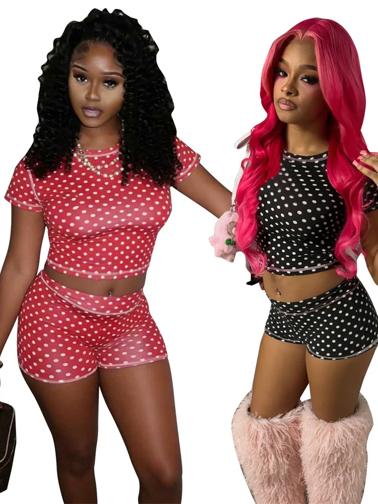 

Whatiwear 2-Piece Set Women Polka Dot Print o-Neck Short Sleeve t-Shirt+Elastic Waist Mini Short High Elasticity Sporty Suits