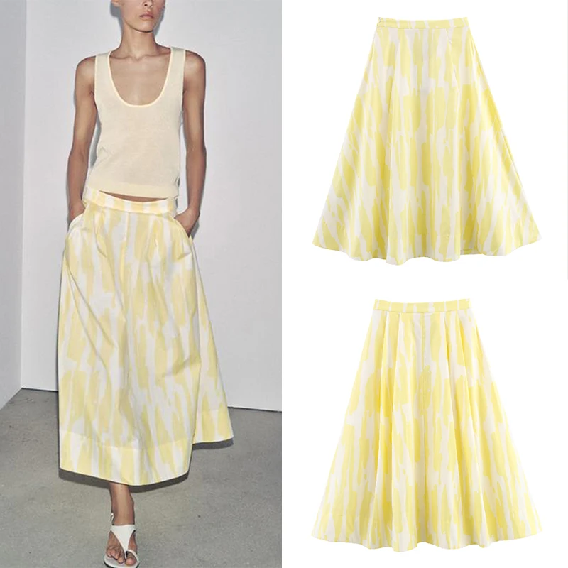 

Faionable Midi Print Skirt Women's Clothing Versatile Ensemble Polyester Fiber A-Line Skirt Stand Fit Commute Sle