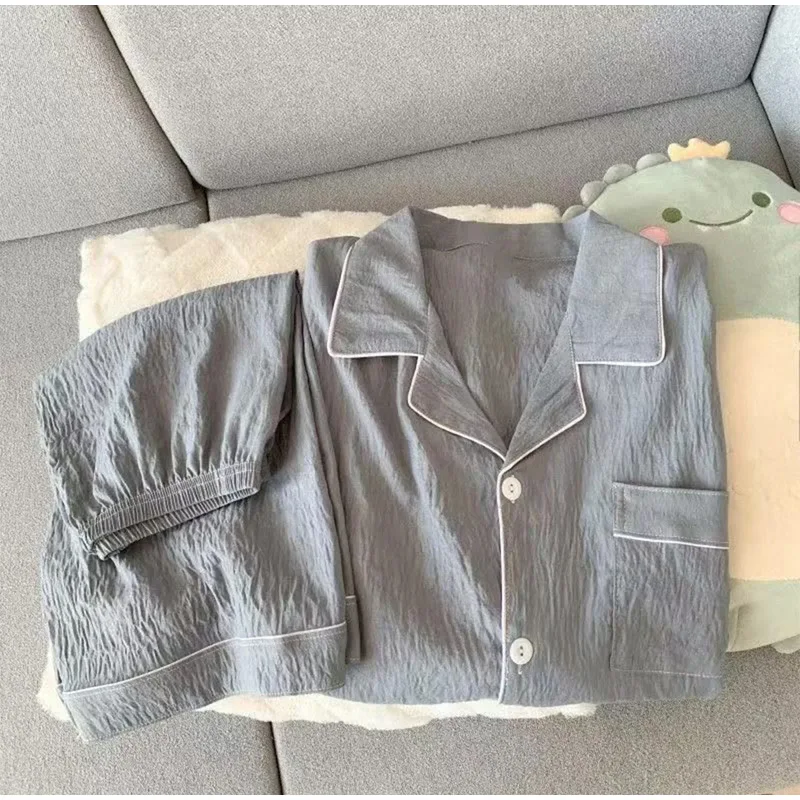 Women Men's Slim Fit Pajama Set Short Sleeve Lapel Top Elastic Waist Shorts Breathable Solid Color Summer Sleepwear Loungewear