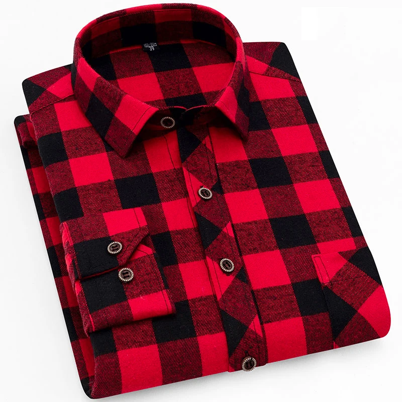 2023 Autumn Casual Men's Flannel Plaid Shirt Brand Male  Collar Fleece Lined Thickened Special Wide Fit Shirt