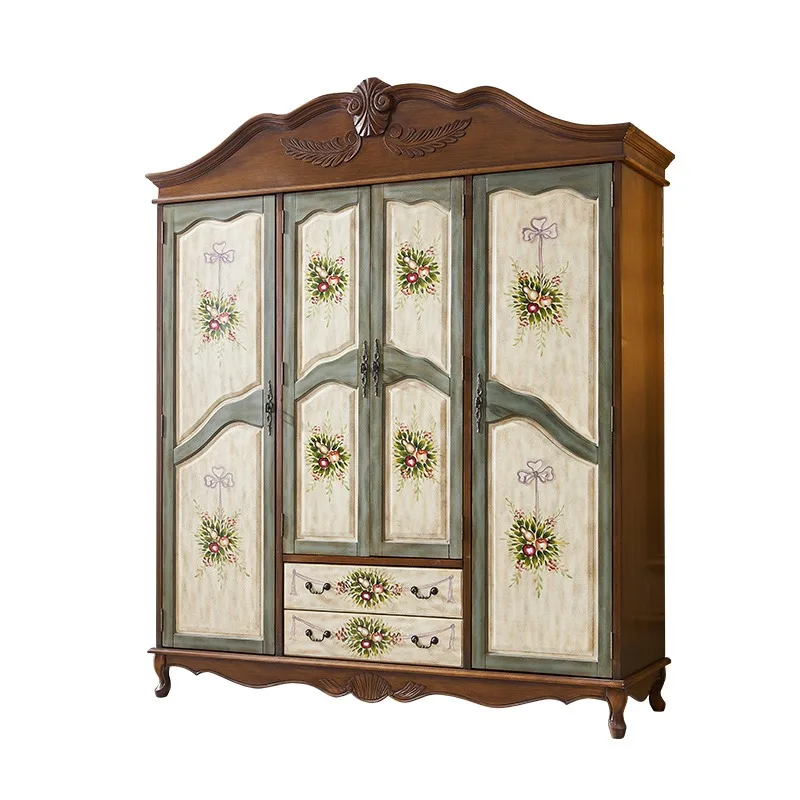 

Шкаф из массива дерева, 4-дверный шкаф, американский ретро-гардероб, встроенный шкаф для хранения в спальне