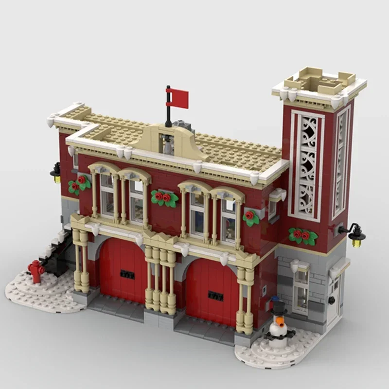 Moc bloco de construção vista rua modelo inverno estação bombeiros tijolos técnicos diy montagem brinquedos construção para crianças presente do feriado