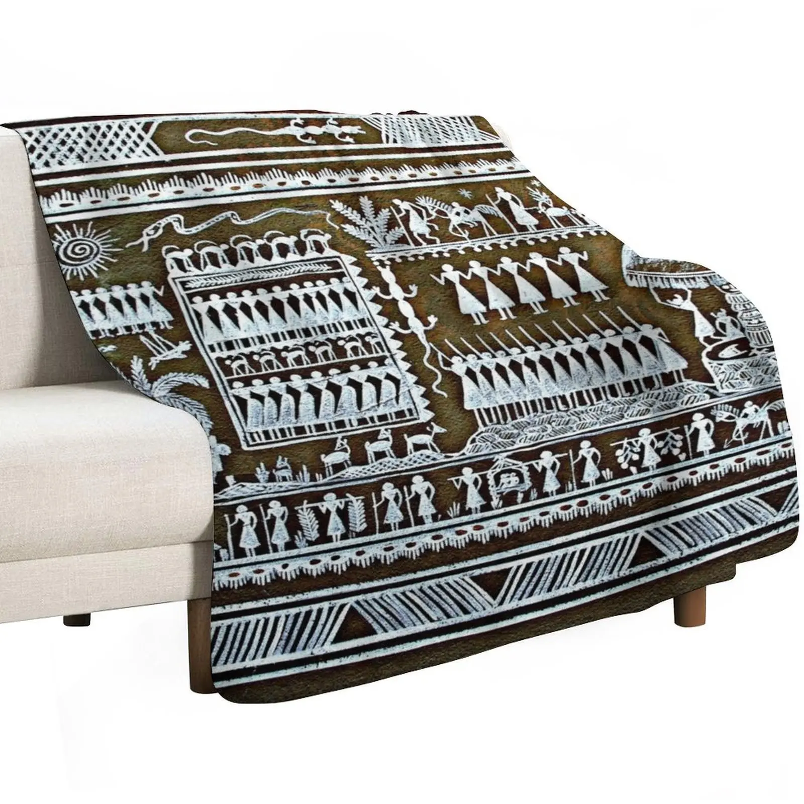 Tribal Art Saura Painting Graffiti, Odisha, India Throw Blanket Decorative Soft Throw Blanket for Couch Sofa