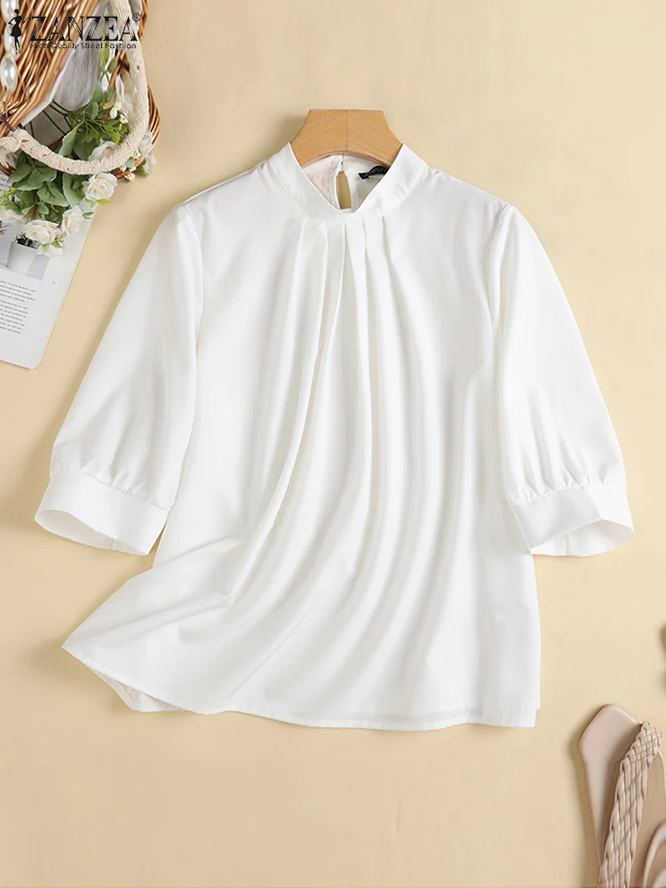SummerBlouse Women 3/4 Solid Work OL Shirt ZANZEA Fashion Casual Pleated Tops Female Loose Elegant Office Lady Blusas Mujer