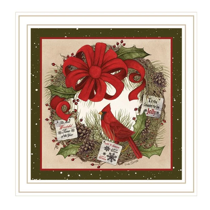 

Cardinal Wreath Wall Art Print, White Framed Home Decor by Linda Spivey, Living Room Bedroom Accent
