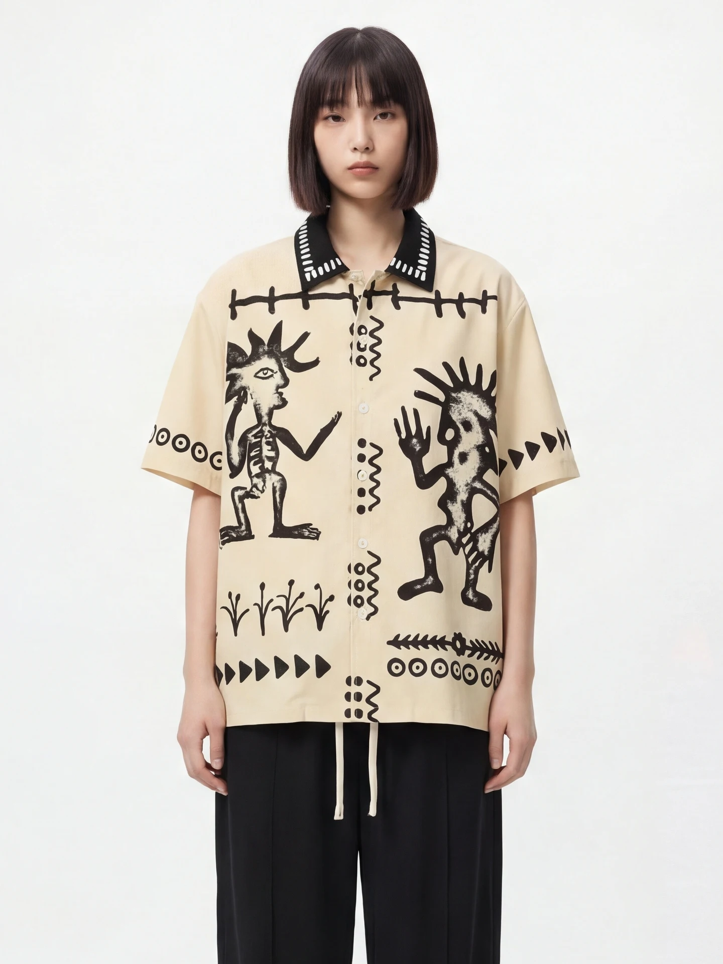 

Loose Short Sleeve Shirt Travel Issuance Tribal Graffiti Print High Street Totem Casual Style Breathable Cotton Summer Shirt