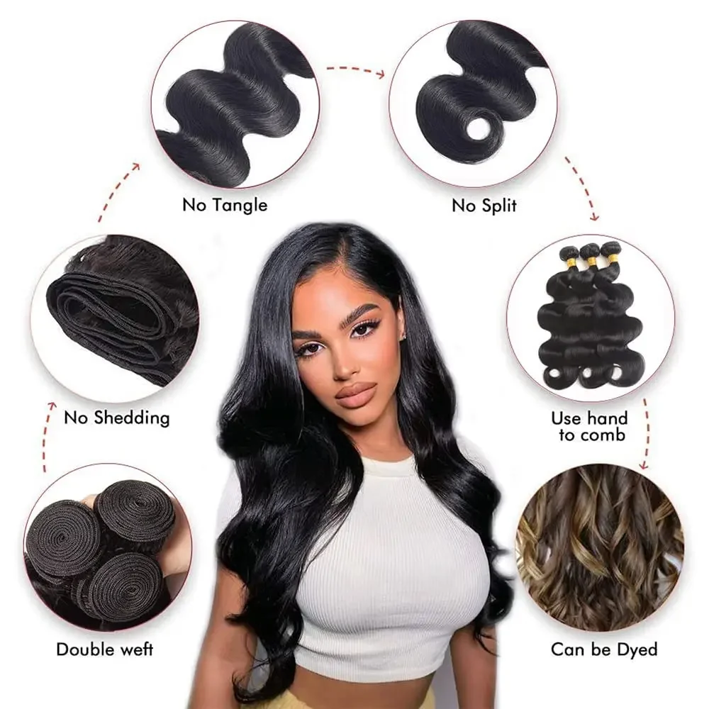 Human Hair Bundles With Closure Body Wave Weave Extensions Brazilian Hair Frontal 13x4 Lace Natural Black Human Hair 3 Bundles