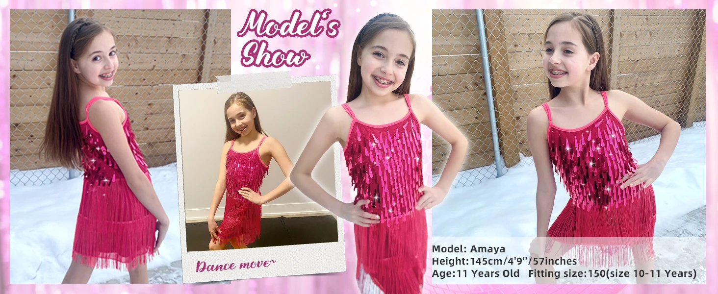 LOlanta 2 Stücke Mädchen Pailletten Latin Dance Kleid Quaste Salsa Dancewear Pailletten Fransen Kleid Leistung Outfits – Detail 8