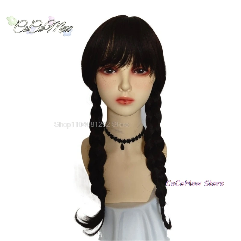 الأربعاء أدامز شعر مستعار تأثيري مقاومة للحرارة طويلة الضفائر السوداء حريري مستقيم الباروكات الاصطناعية مع الانفجارات لحزب الهالوين