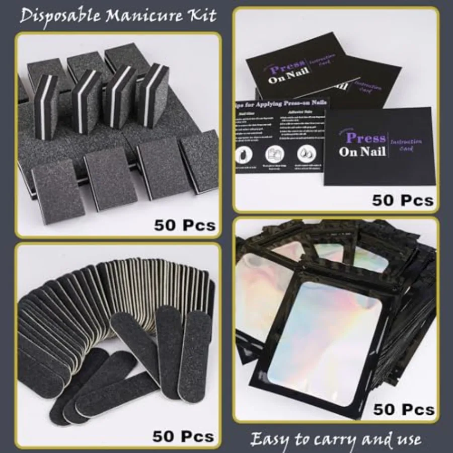 전문 매니큐어 및 프레스온 네일 적용을 위한 일회용 네일 용품 키트 50세트(네일 파일 네일 버퍼 접착제 포함)