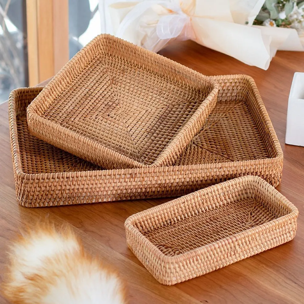 Hand-Woven Storage Basket Rattan Storage Tray Wicker Baskets Bread Fruit Food Breakfast Display Box Home Decoration-A &LICG