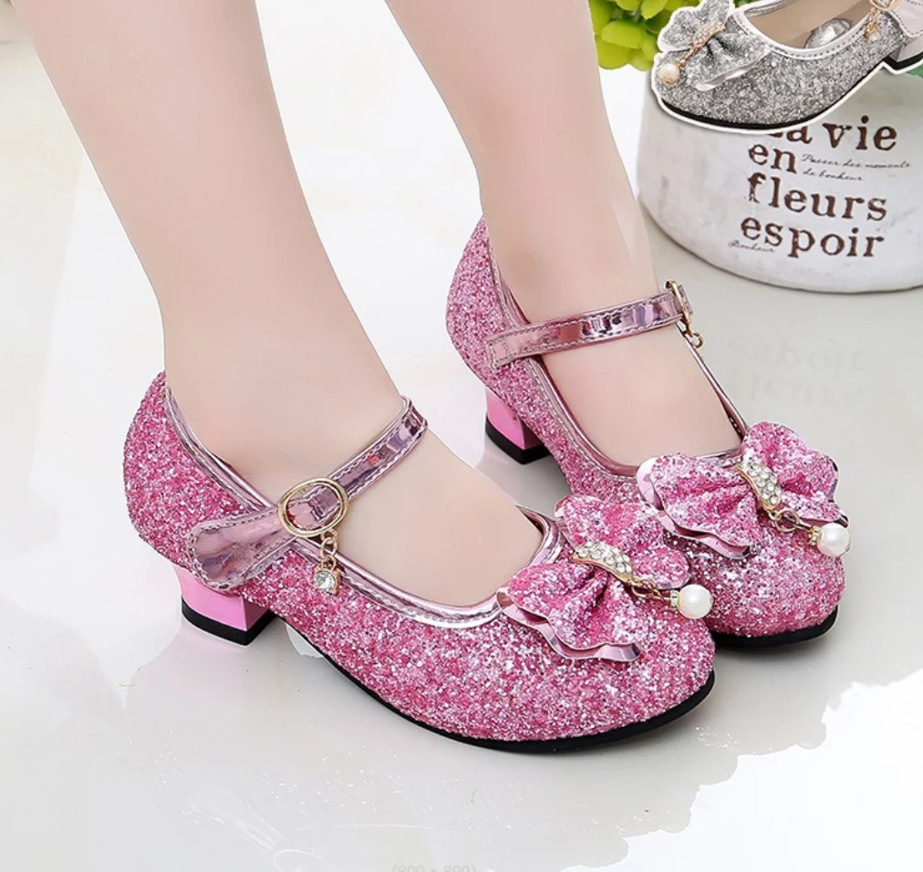 New Children Bowknot Shoes Girls High Heel Princess Dance Sandals for Girls Glitter Soft Leather Fashion Party Dress Wedding Sho - view 4