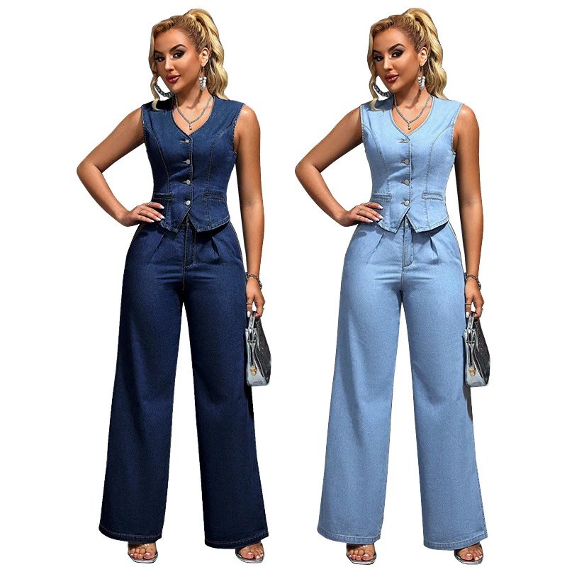 Summer Women's Denim Two-Piece Set V-Neck Sleeveless Cardigan Fashionable Waist Cinching Casual Outfit