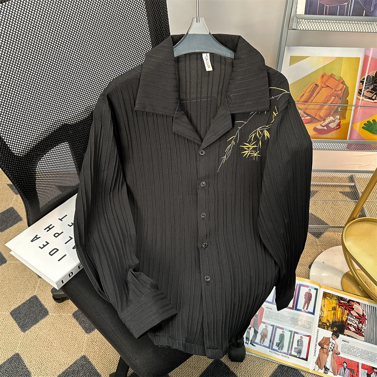 

Spring Autumn Men Long Sleeve Shirt New Chinese Bamboo Embroidery Black Lapel Coats Fashion Versatile Single Breasted Tops