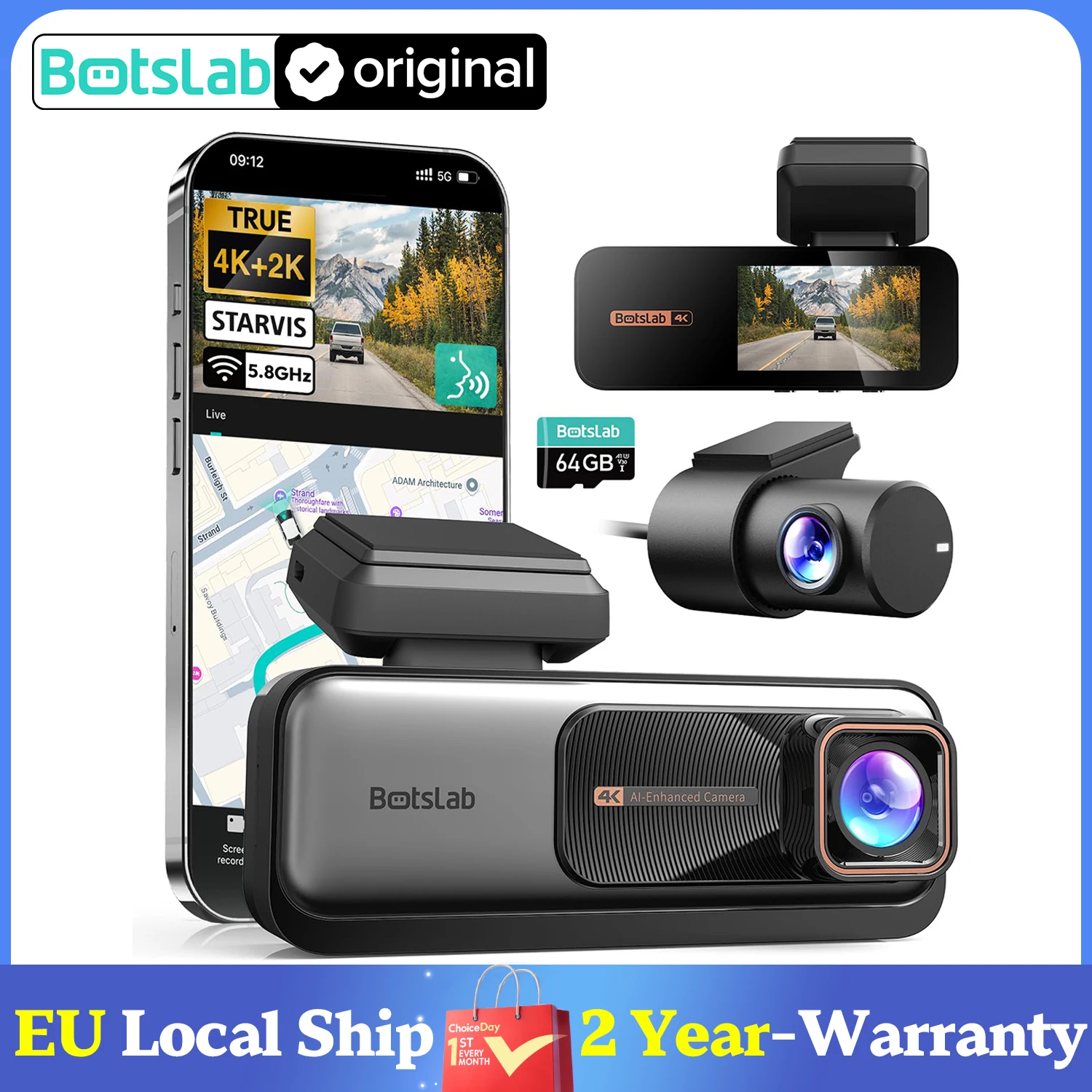 Botslab 4K HD Dash Cam anteriore e posteriore a doppio canale,170 °   Dashcam ultra ampia con visione notturna GPS ADAS, registrazione in loop di parcheggio 24 ore su 24, 7 giorni su 7
