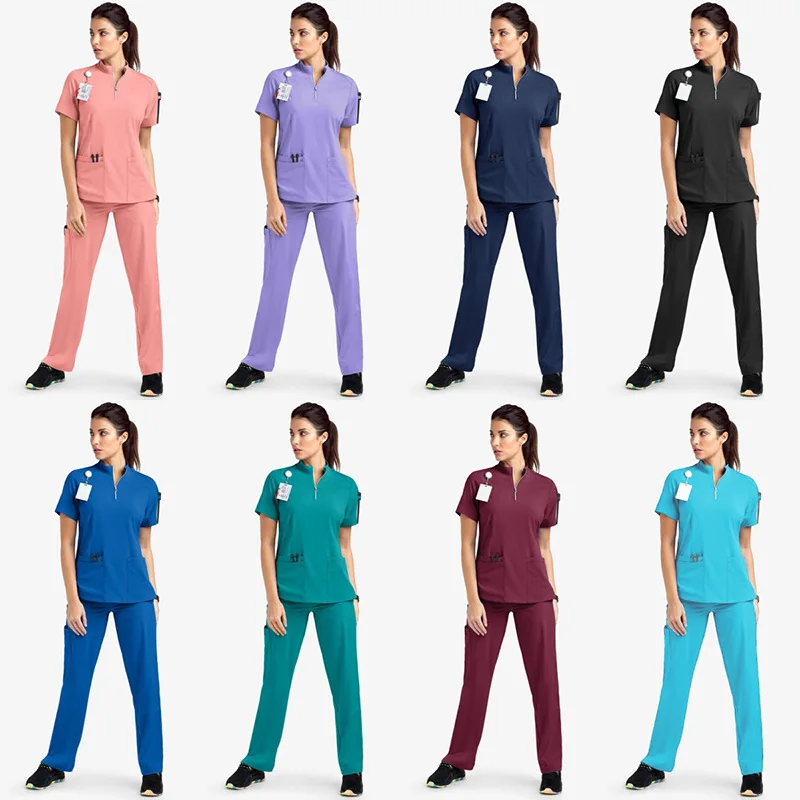 

Stand Up Collar Zipper Hand Washing Unisex Scrubs Set Doctor Nurse Beauty Salon SPA Workwear