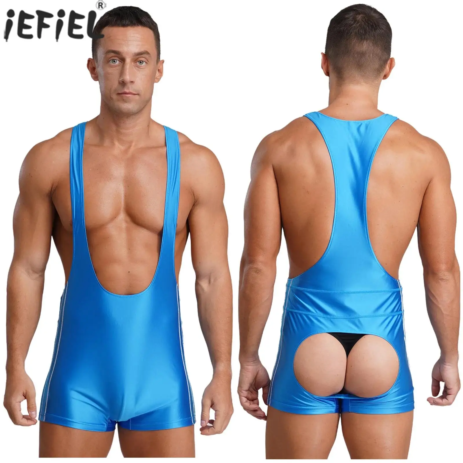 

Men Stretchy Workout Wrestling Bodysuit Sexy Hollow-out Back Open Butt Boxer Shorts Jumpsuit for Erotic Gays Dating Nightwear