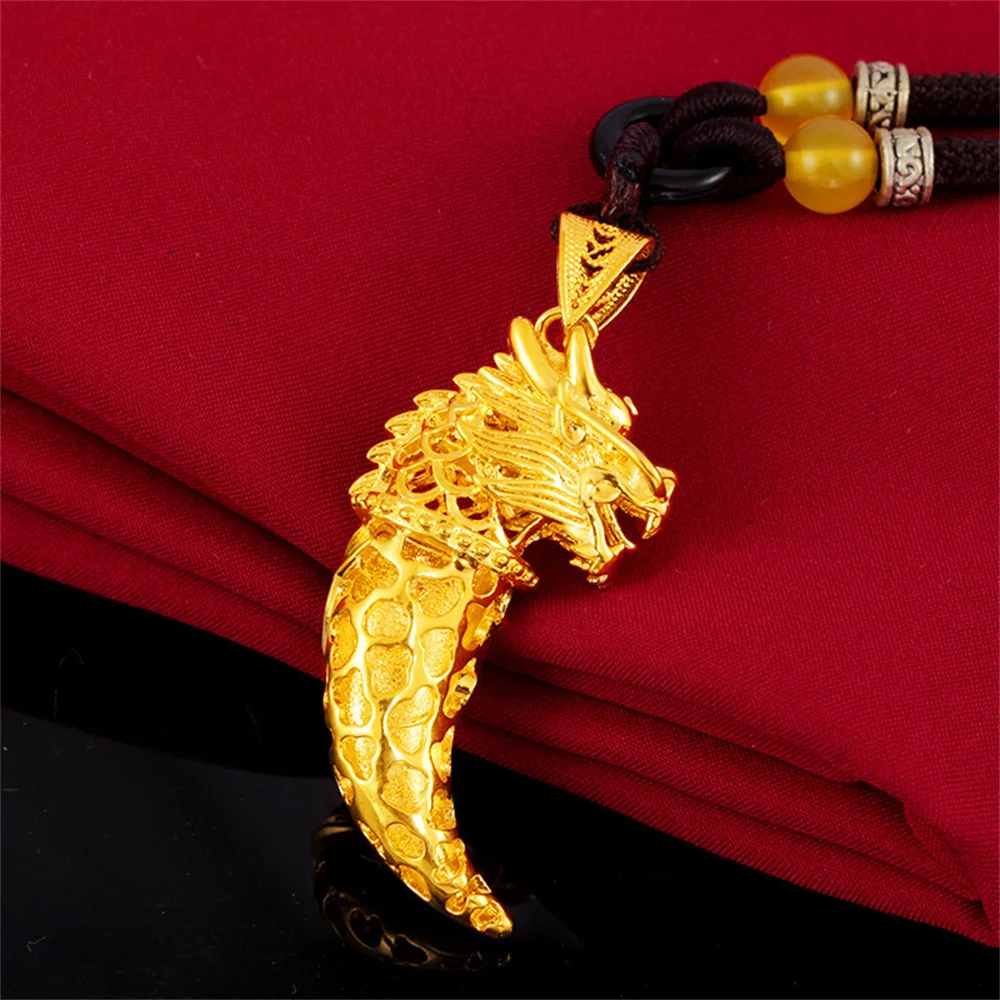 

Men AU999 24K Pure Gold Hollow Dragon Head Wolf Tooth Charm, Retro Protective Amulet Jewelry Gift