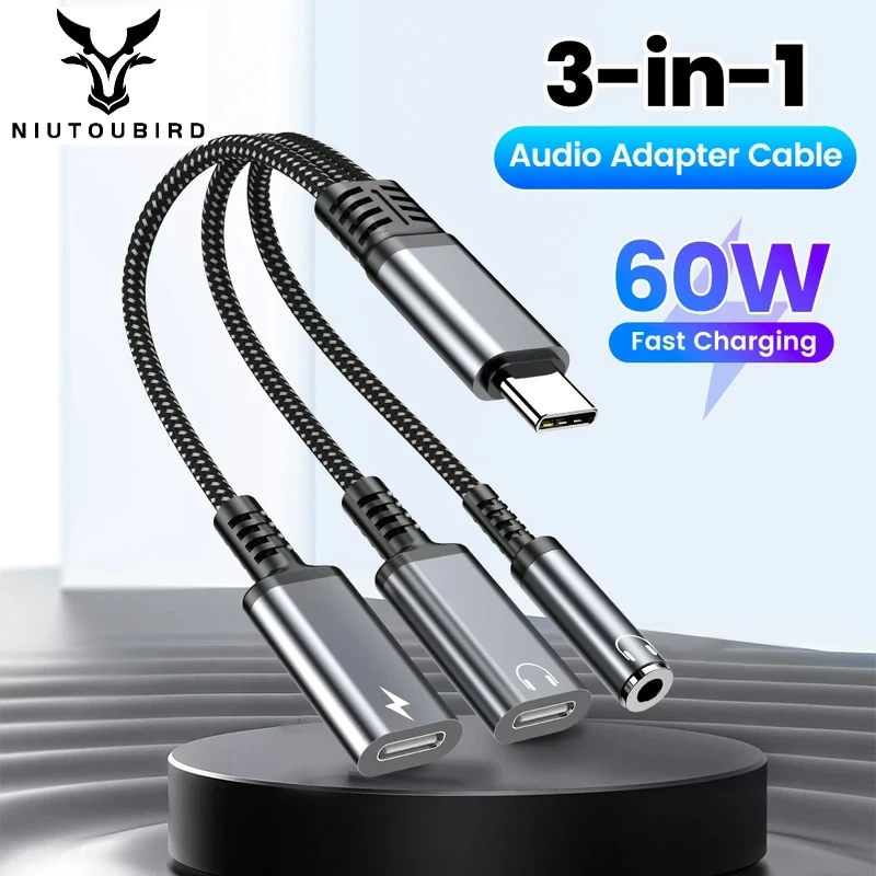 3 en 1 Câble Adaptateur Audio 60W Charge Rapide Type C Mâle Vers Double Type C 3.5MM Femelle Convertisseur pour iPhone 15 16 Samsung