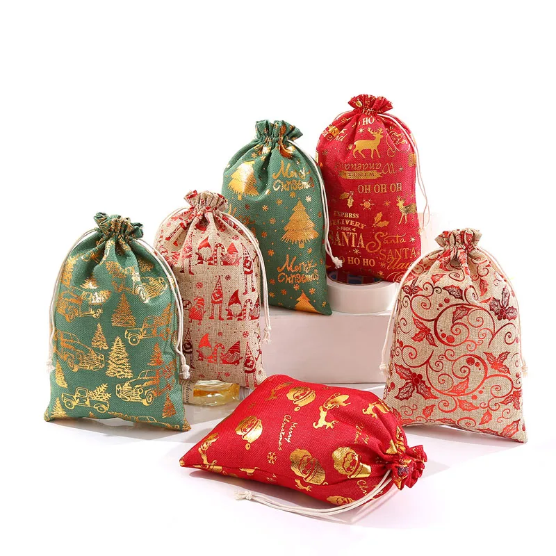 

10pcs/lot 20*30, 30*40, 50*70cm Big Sizes Hot Stamping Printed Cotton Drawstring Bags Christmas Candy Gift Packaging Bag Pouch