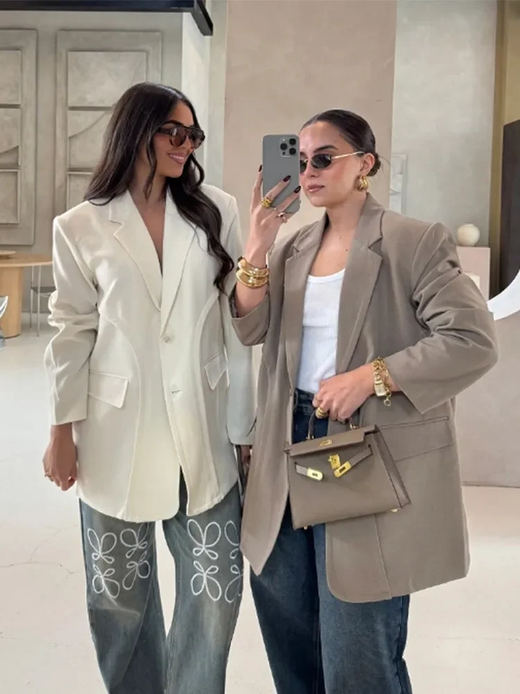 

Lapel Long Sleeve Women Blazer Coat Shoulder Pads Lapel Female Jacket 2025 Fashion Elegant Office Commute Loose Pocket Lady Top