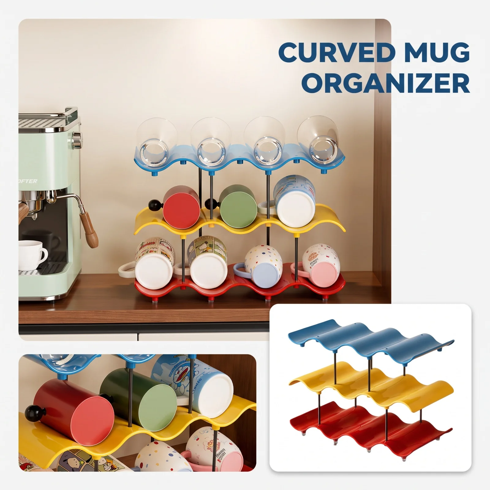 3-tier Storage Rack for Bottles and Cups, Wave-shaped Multi-Tier Cup Holder, Plastic Cup Organizer, Countertop Organizer Rack