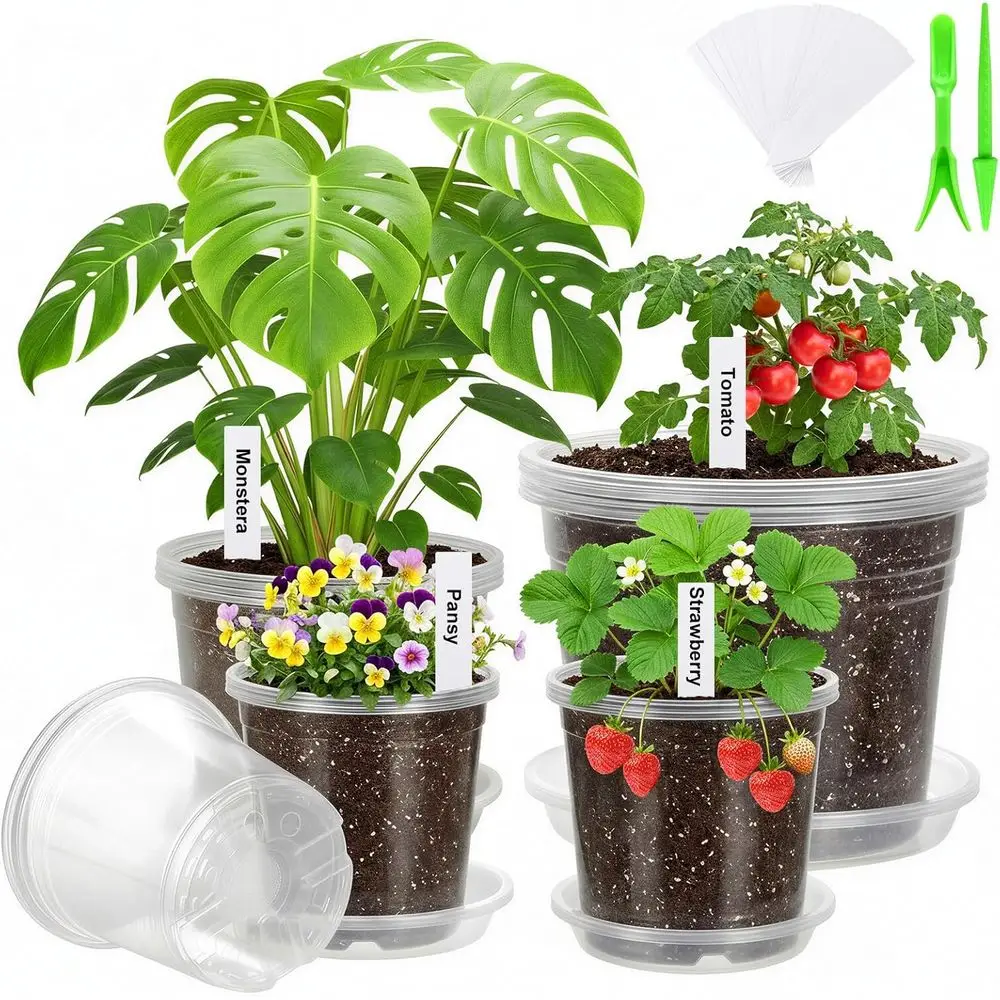 6/7/10 Inch Clear Nursery Pots with Drainage and Saucers - 16 Pack Plastic Plant Pots for Gardening Tools, Seedlings, Transplant