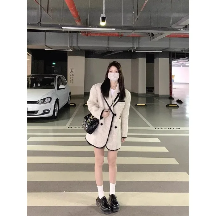 Żakiet tweedowy damski wiosenny vintage lniany streetwearowy elegancki z kokardą gładki tradycyjny minimalistyczny profesjonalny z kołnierzykiem