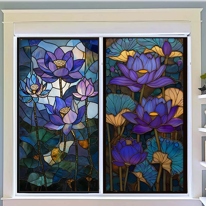 

European Style Oil Painting Art Privacy Window Film Waterproof Sun-proof Church Stained Glass Film Lotus Pattern Window Stickers