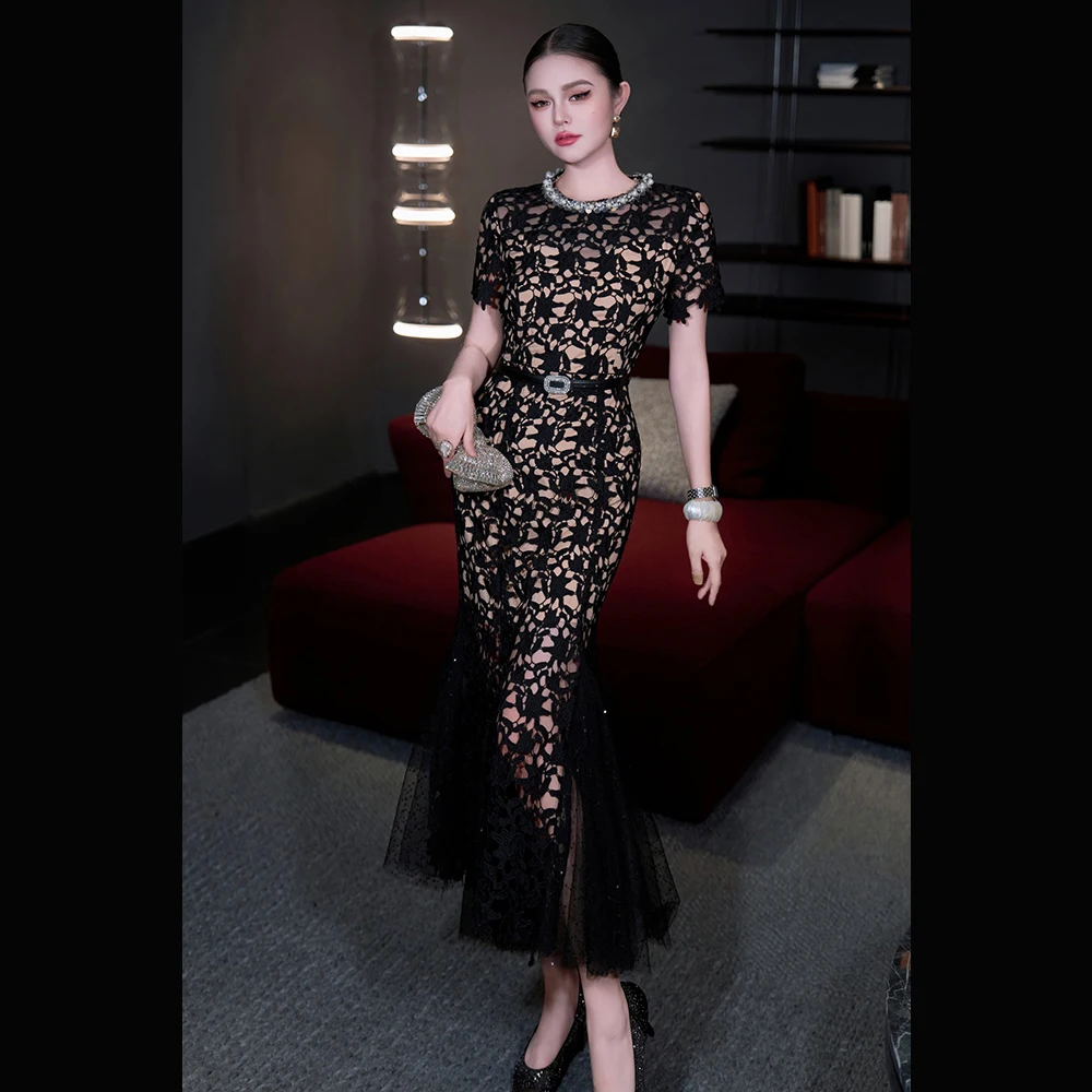 Meyyithun Damesjurk Kant Korte Mouw O-hals Diamant Ingebed Taille-cinched Bodycon Tailored Zeemeermin Jurk