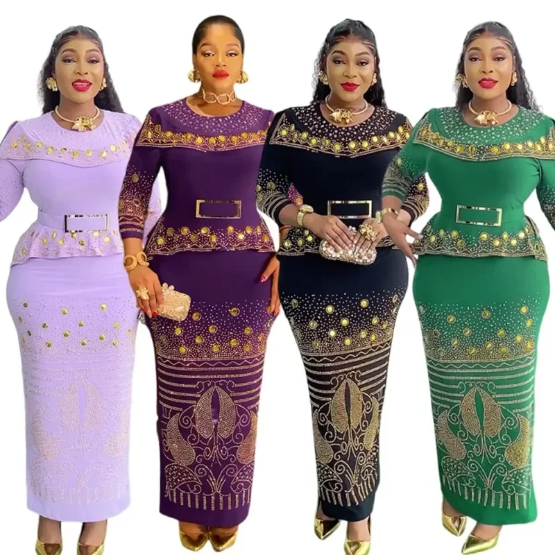 

Plus Size African Party Dresses for Women Dashiki Diamond Bodycon Maxi Long Dress Elegant Outfits Muslim Wedding Evening Gown