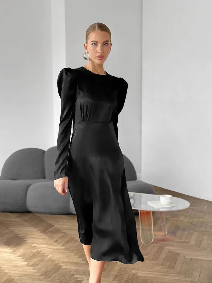 

Elegant Satin Midi Curvy Dress for Women Sexy Casual Black O Neck Long Puff Sleeve Dresses New Winter Autumn Fashion 2025 New