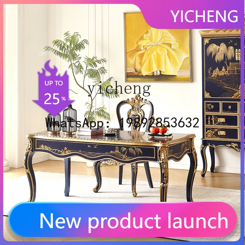 

villa royal blue hand-painted solid wood rectangular dining table, desk, chair, writing desk, painting, computer table