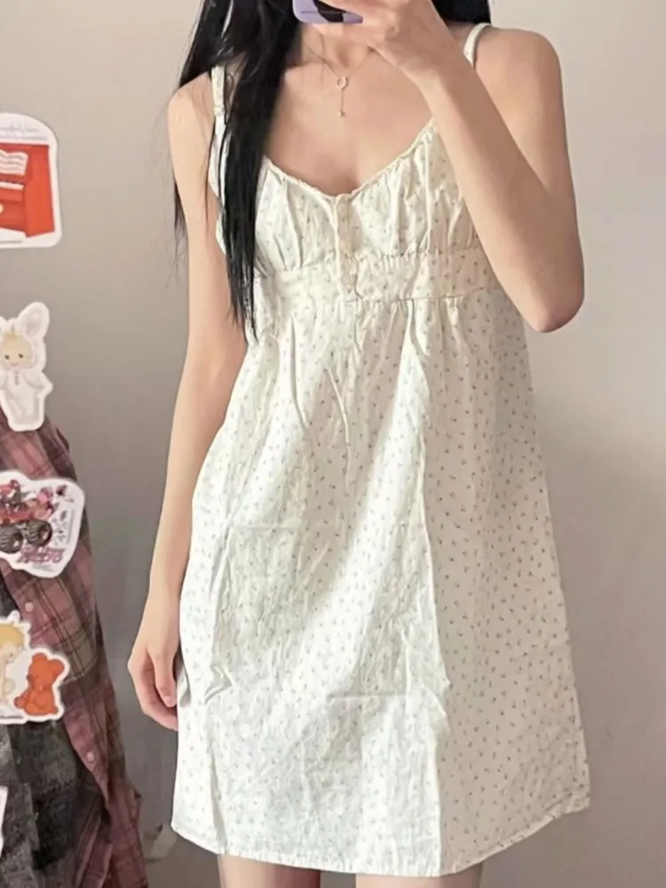 Casual Women Beige Mini Dress 2023 Summer Fashion Ladies Sweet Dress Female V Neck Sleeveless Flroal Printed Sling Dress