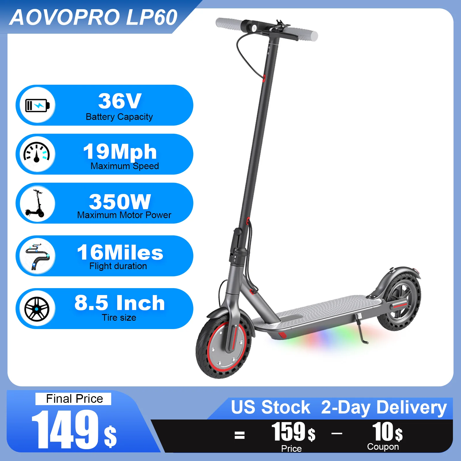 

AOVOPRO LP60 Adult Electric Scooter 36V 350W Powerful Motor 19mph 16Miles Long Range 8.5inch Foldable Smart Kick Scooter