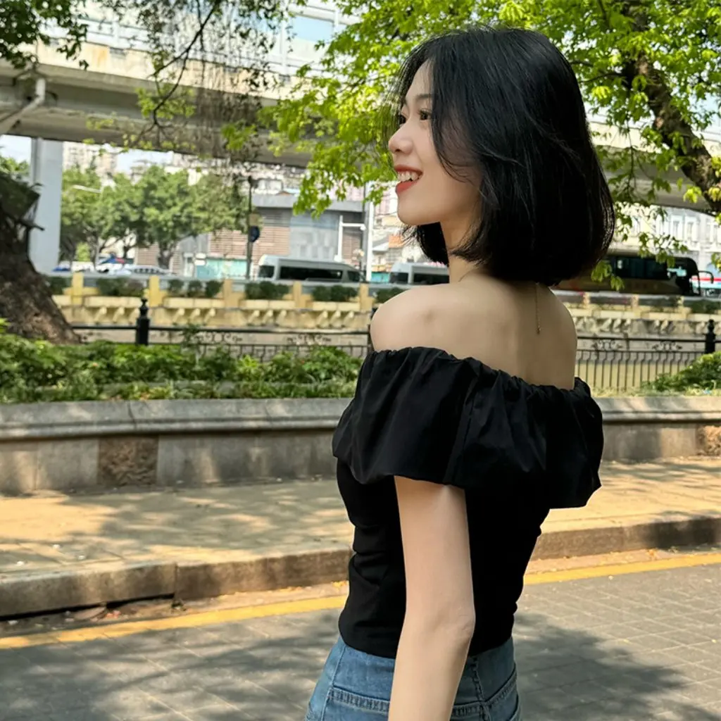 

Women's One-Shoulder White Ruffled T-Shirt Short-Sleeved Chic Pinch Waist Off-Shoulder Top Summer New Pure Lust Style